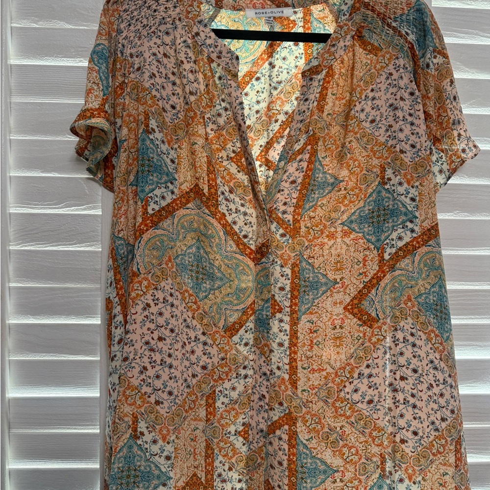 Orange and Blue Relaxed Mandarin Collar Blouse